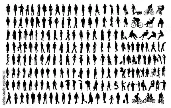 Fototapeta Urban Symphony: A panoramic silhouette tableau showcasing diverse individuals in various poses, symbolizing the city's dynamic tapestry of movement, culture, and everyday life