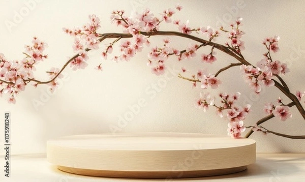 Fototapeta 3D background, beige podium, wood display. Sakura pink flower tree branch.