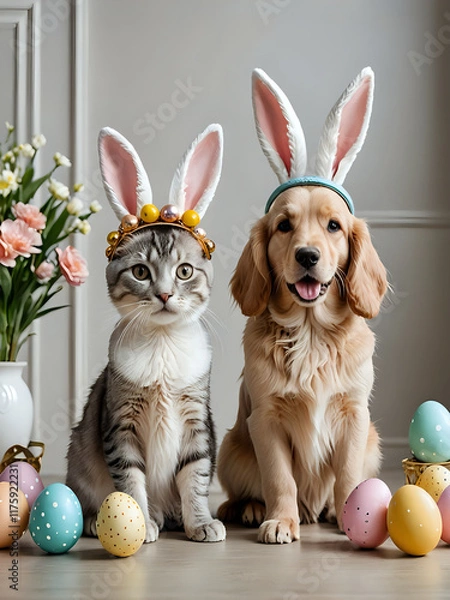 Fototapeta Golden retriever puppy and cat with easter bunny ears head band in elegant room decorated by flowers and easter eggs. happy easter with pets concept. 300dpi