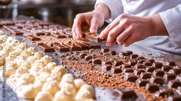 Fototapeta A professional chocolatier tempering chocolate on a glossy countertop