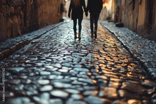 Fototapeta A soft - focus image of a couple walking hand - in - hand down a cobblestone street Valentine’s Day card