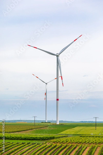 Fototapeta Two Wind Power Generators (Windmills) surrounded by green Crop Farming Fields on a sunny Summer Day; Copy Space
