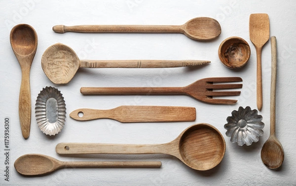 Obraz Ladles and other wooden kitchen tools on white roughcast background, top view