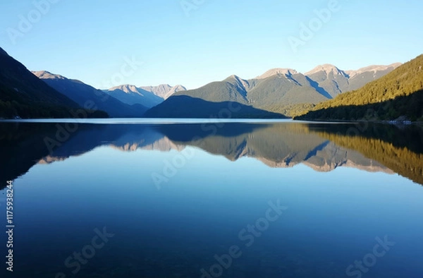 Fototapeta AI-generated calm lake reflecting trees, mountains, and blue sky