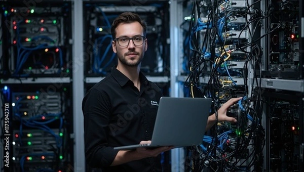 Obraz IT technician in server room holding laptop checking network cables with rows of server racks and flashing lights
