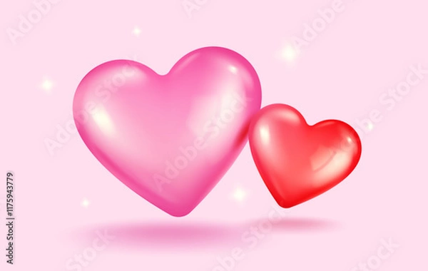 Fototapeta Vector icons of pink and red hearts for Valentine's Day in realistic 3d style.