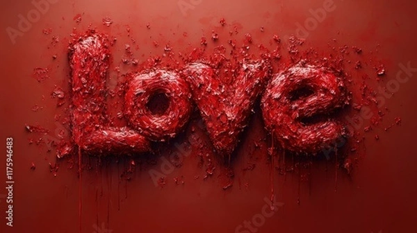 Fototapeta 3D rendered word LOVE in red, textured, dripping style.