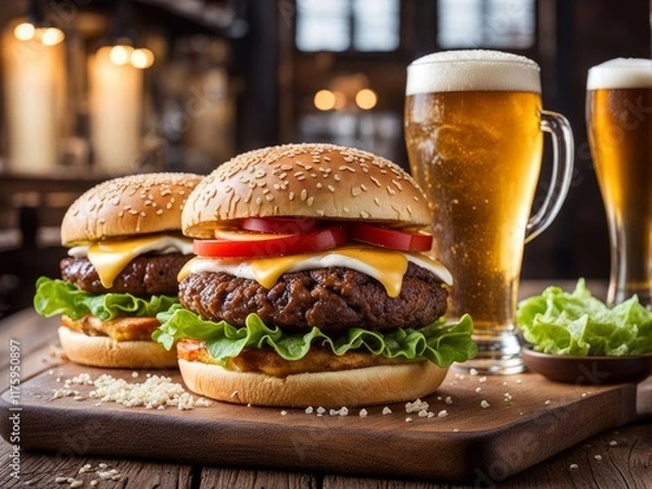 Fototapeta Rich burger with melted cheese, crisp lettuce, and ripe tomato, alongside a glass of beer. Captivating image for food blogs, promotional content, and restaurant branding focused on quality meals.