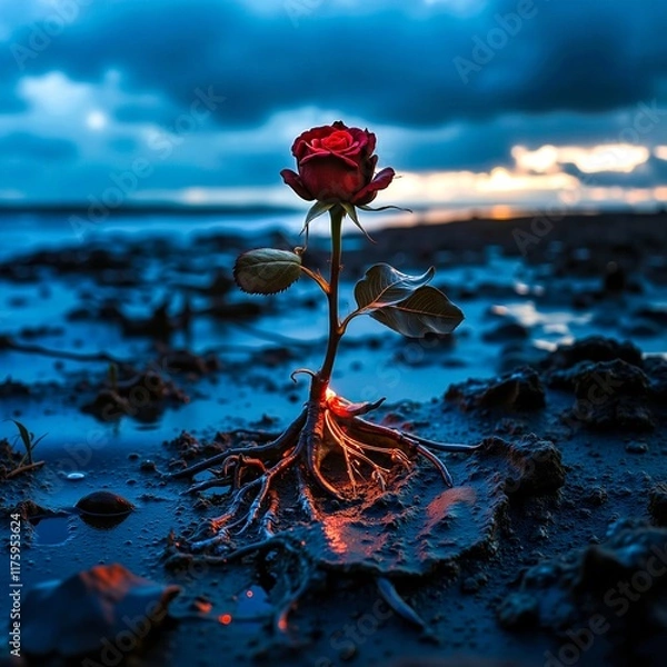 Fototapeta A single red rose growing out of the ground on a beach