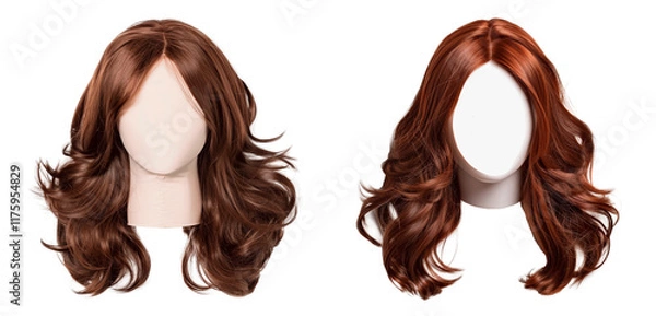Fototapeta Set of brown hair wig extravaganza, isolated on transparent background. PNG element.