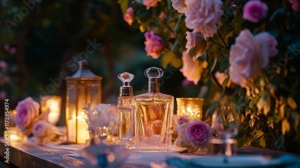 Fototapeta table set with perfume bottles and floral arrangements, romantic evening garden setting