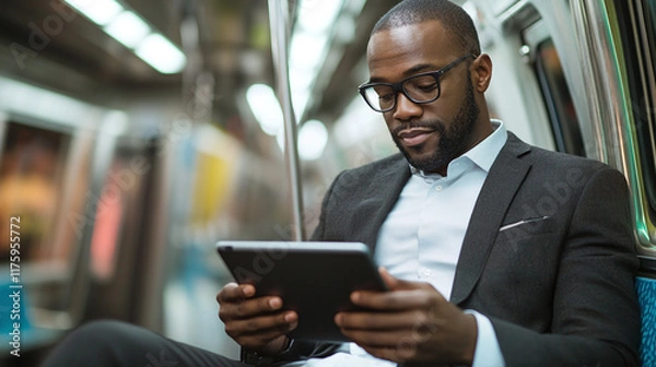 Fototapeta African american businessman sitting on a subway train, using a tablet for work, commuter passenger traveling for business, technology and connectivity in public transportation.