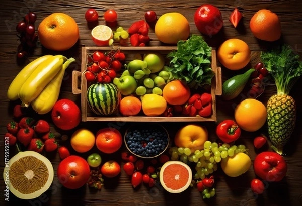 Fototapeta colorful array fresh fruits vegetables artistically arranged unique patterns bright colors eye catching designs, apples, baskets, culinary, cut, delicious