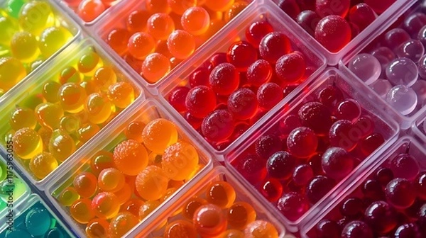 Fototapeta Close-up shot of assorted candies arranged in neat rows inside transparent plastic boxes, vibrant and clear
