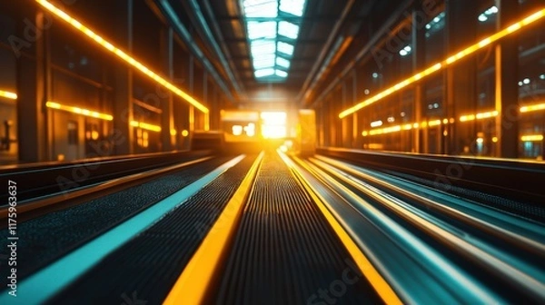 Fototapeta Dynamic Perspective of an Illuminated Airport Terminal Conveying Motion and Travel Aspirations with Bright Lighting and Modern Architecture