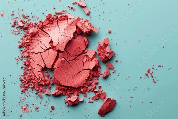 Fototapeta Crashed red eyeshadow or blushes on light blue background. Dry facial products or decorative cosmetics advertisement, close-up, copy space