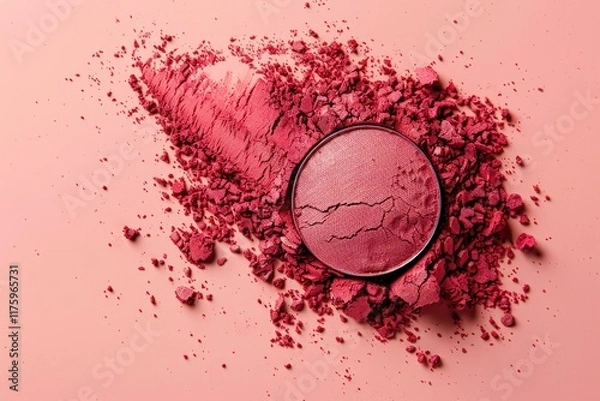 Fototapeta Crashed red eyeshadow or blushes with palette on peachy background. Dry facial products or decorative cosmetics advertisement, close-up, copy space