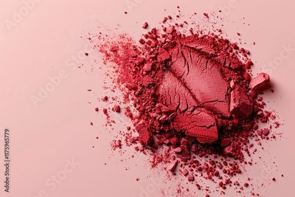 Fototapeta Crashed red eyeshadow or blushes on pink background. Dry facial products or decorative cosmetics advertisement, close-up, copy space