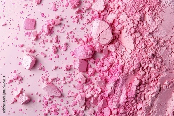 Fototapeta Crashed pink eyeshadow or blushes on light pink background. Dry facial products or decorative cosmetics advertisement, close-up
