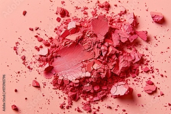 Fototapeta Crashed red eyeshadow or blushes on peachy background. Dry facial products or decorative cosmetics advertisement, close-up