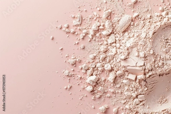 Fototapeta Light face powder or foundation on a light pink background. Concept of facial cosmetics advertisement. Powder close-up texture, copy space