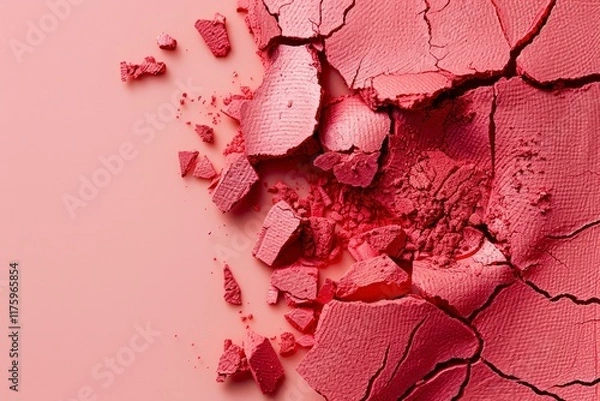 Fototapeta Close-up of crashed of red eyeshadow or blushes on peachy background. Dry facial products or decorative cosmetics advertisement, copy space