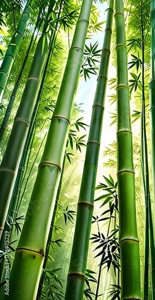 Fototapeta Serene bamboo forest background for mobile wallpaper with natural sunlight filtering through lush greenery. Generative AI