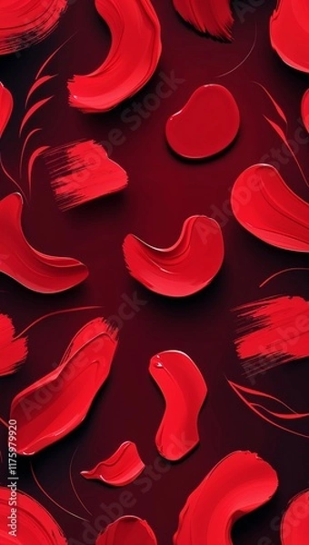 Fototapeta Abstract red paintbrush strokes in organic shapes across a deep red pattern background