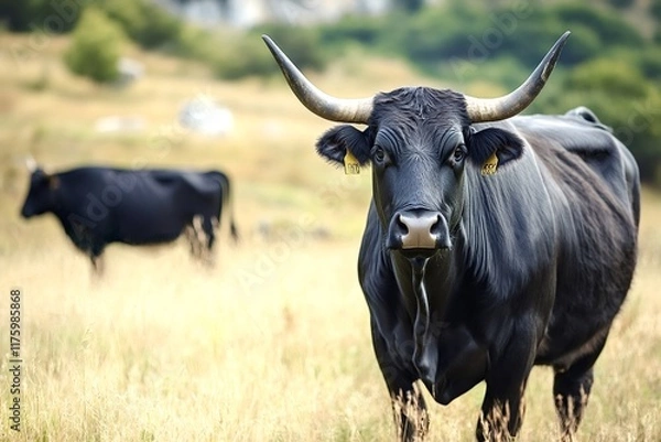 Fototapeta Powerful black bull with identification tags in its ears standing in a dry, grassy field, while another cow grazes peacefully in the background, creating a serene pastoral scene