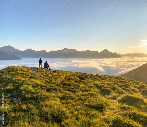 Obraz Hiking near Starkenburger hut at Stubai High Trail (Stubaier Höhenweg), one of the most beautiful high-altitude hikes in the austrian Alps, near stubai glacier and Innsbruck in summer, Tirol Austria
