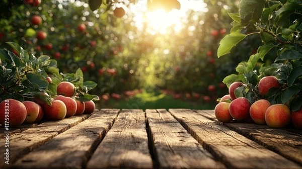 Obraz A serene apple orchard scene at sunset with fresh apples on a wooden table.
