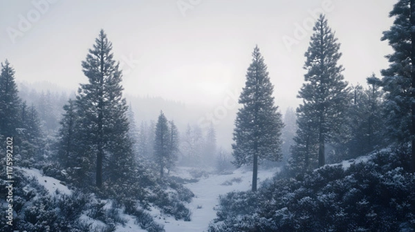 Obraz Serene Snowy Pine Forest Under a Tranquil Pale Gray Winter Sky, Reflections in Nature