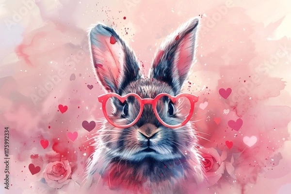 Fototapeta Adorable rabbit wearing heart-shaped glasses celebrates valentine's day