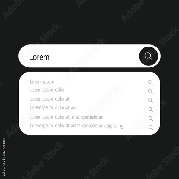 Fototapeta Search Bar with suggestions for UI UX design and web site. Search Address and navigation bar icon in black background