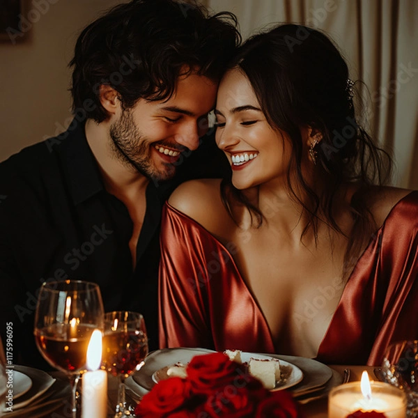Fototapeta Smiling couple sharing an intimate candlelit dinner, surrounded by romantic decor with roses and wine, capturing the warmth of love and connection on Valentine’s Day. Generative AI.