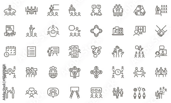 Fototapeta Meeting and collaboration thin line icon set. Teamwork and communication editable stroke graphic elements