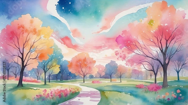 Obraz Watercolor playful park scene with swirling pastel strokes in sky and vibrant blooming colors
