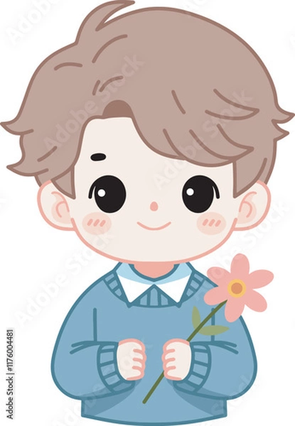 Fototapeta Cute kid hold white flower cartoon illustration design art which can be used for your stuff
