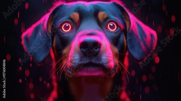 Fototapeta A Futuristic Countryside Landscape Featuring a Blue Lacy Dog Amid Abstract Fields