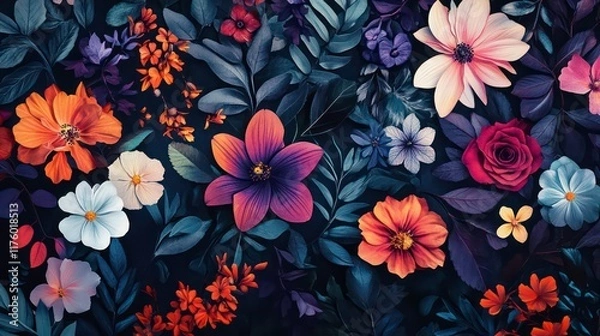 Fototapeta Colorful Floral Elements on Dark Background Featuring Various Flowers, Leaves, and Petals in a Vibrant Artistic Design for Creative Projects