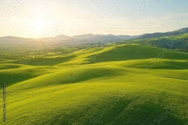 Obraz An ethereal aerial view of rolling green hills bathed in soft morning light, with wind turbines visible in the distance.
