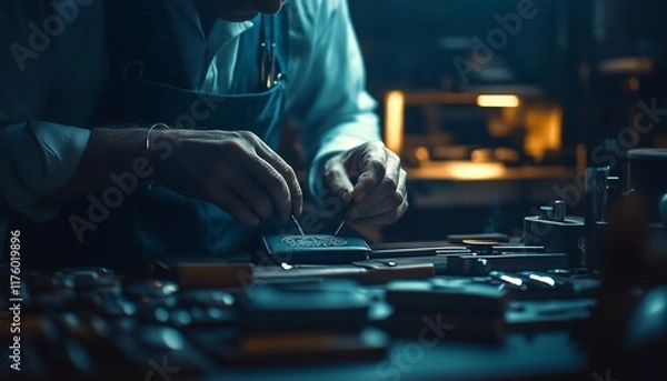 Fototapeta A craftsman meticulously working with tools in a workshop setting.