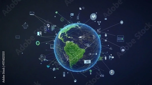 Fototapeta A digital globe surrounded by interconnected icons representing technology and data.