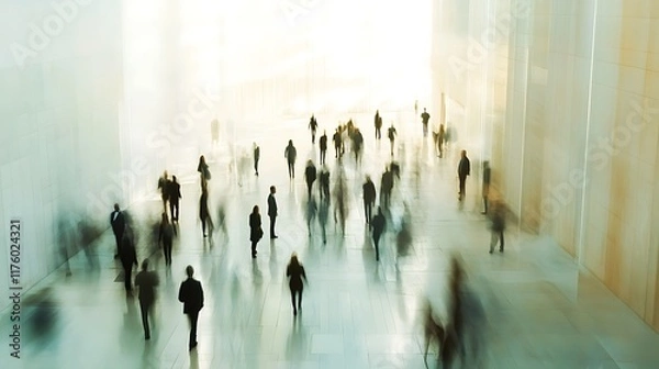 Obraz Long exposure picture of business people walking in a bright office lobby, moving fast with blur. AI generated picture. 