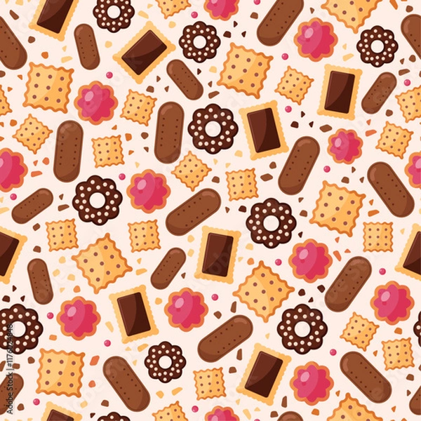 Fototapeta Hand drawn seamless vector pattern with cookies and biscuits. Bakery wallpaper. Background illustration with sweet snacks and crackers