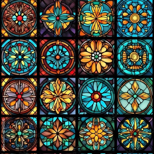 Obraz Stained glass pattern with bright colors, artistic design for interior decoration and copy space