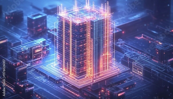 Fototapeta A futuristic cityscape featuring a glowing, high-tech building amidst digital elements.