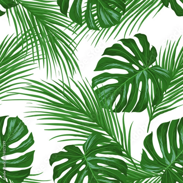 Fototapeta Green tropical palm leaves seamless vector pattern on the black background. Trendy summer print.