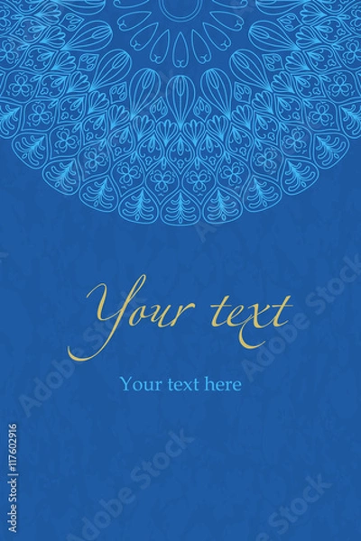 Fototapeta Vector ethnic boho blue pattern, mandala on a blue background. For invitations, greetings, cards, banners, brochures