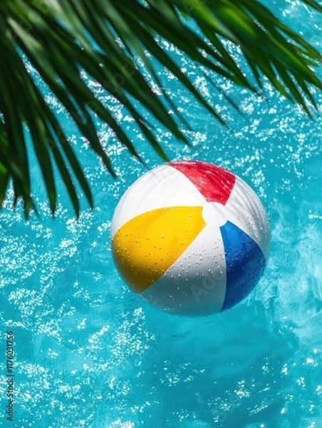 Obraz Bright Beach Ball Floating on Sparkling Pool Water in Sunshine